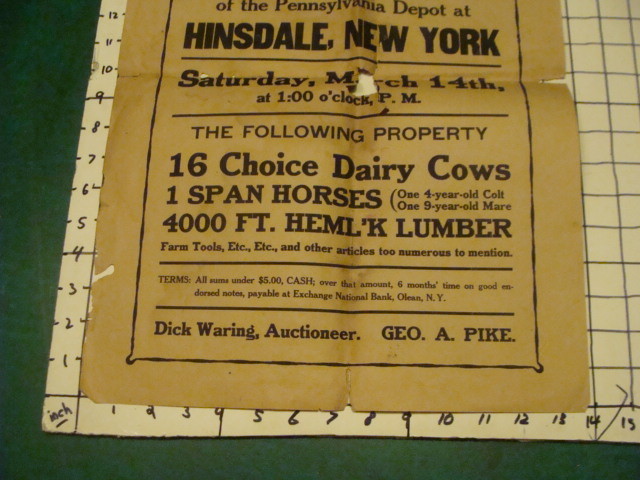 Original Vintage folded BROADSIDE — AUCTION — Hinsdale NY, 16 choice Dairy Cow