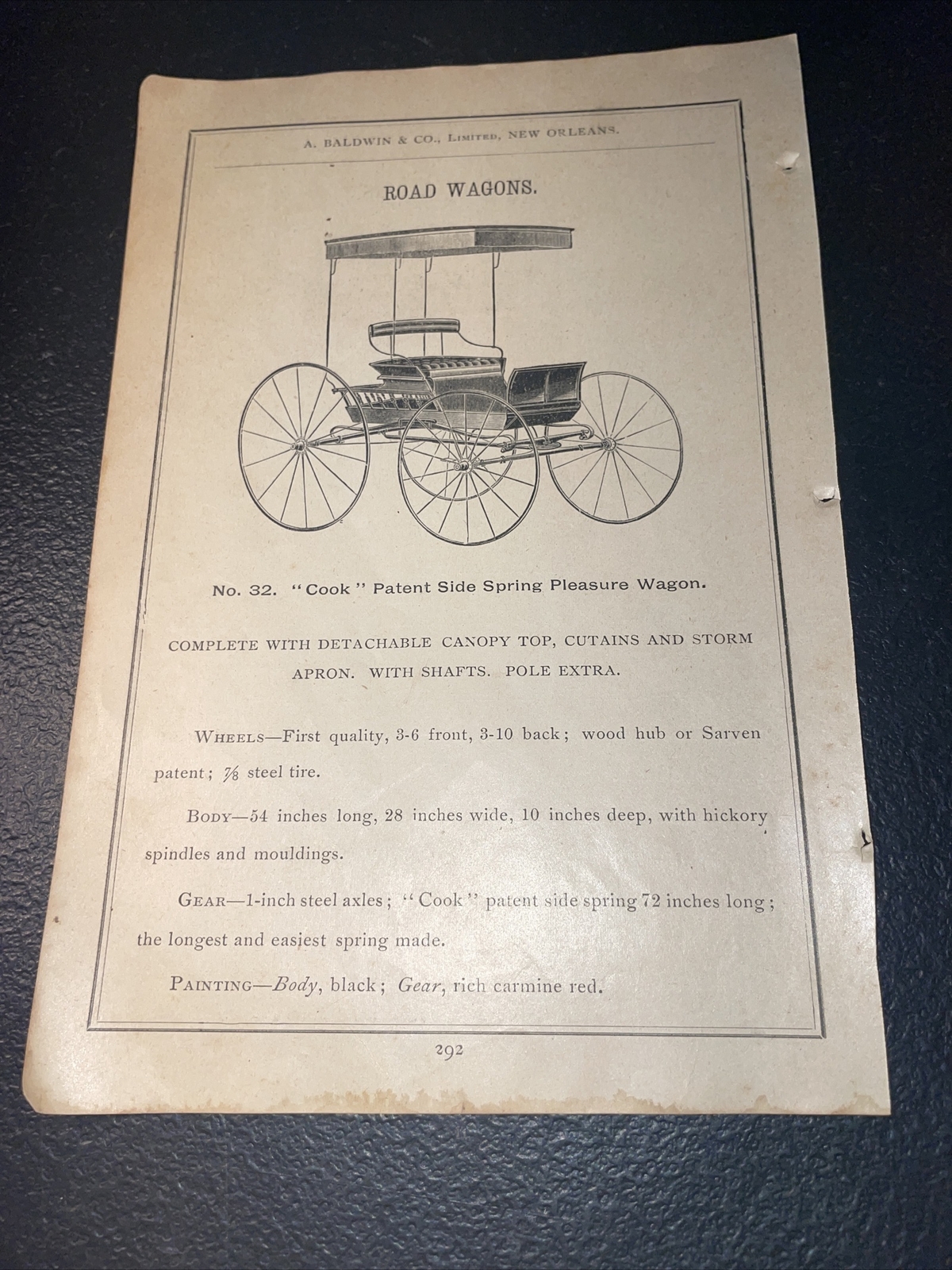 1891 Baldwin – Cook Spring Pleasure Wagon – Farm Advertising – New Orleans