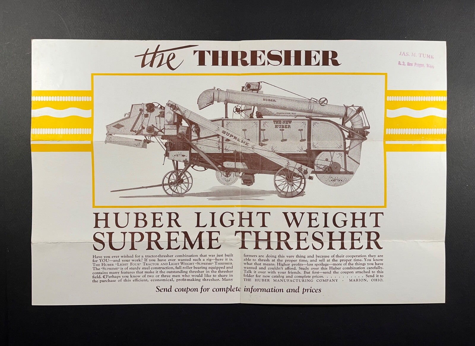 Vintage original Huber Light Four 20-36 tractor Supreme thresher brochure poster