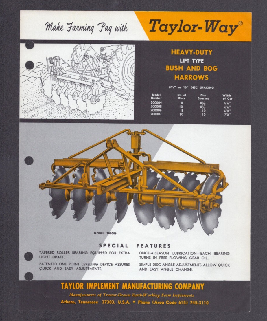 Taylor Implement Manufacturing Lift Type Bush & Bog Harrows Athens TN Brochure