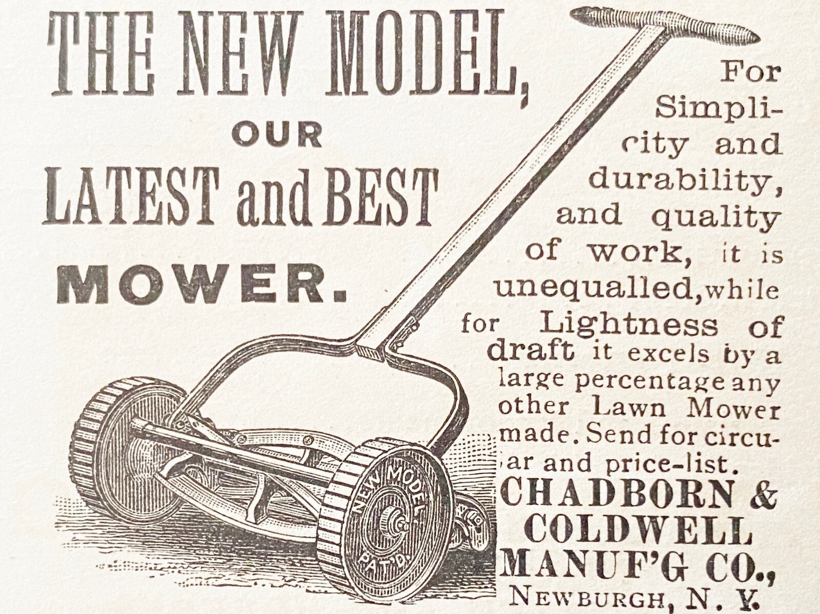 1888 Vtg Print Ad~Antique Old Hand Push LAWN MOWER Chadborn&Coldwell,Newburgh NY