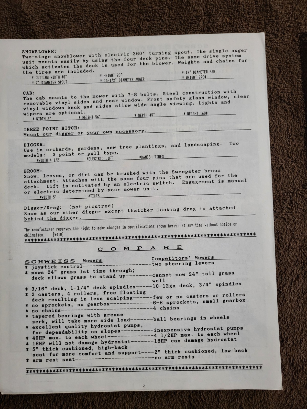 Vintage 1995 SCHWEISS SALES BROCHURE Magnum Zero Turn Lawn Mower 2350 thru 7225