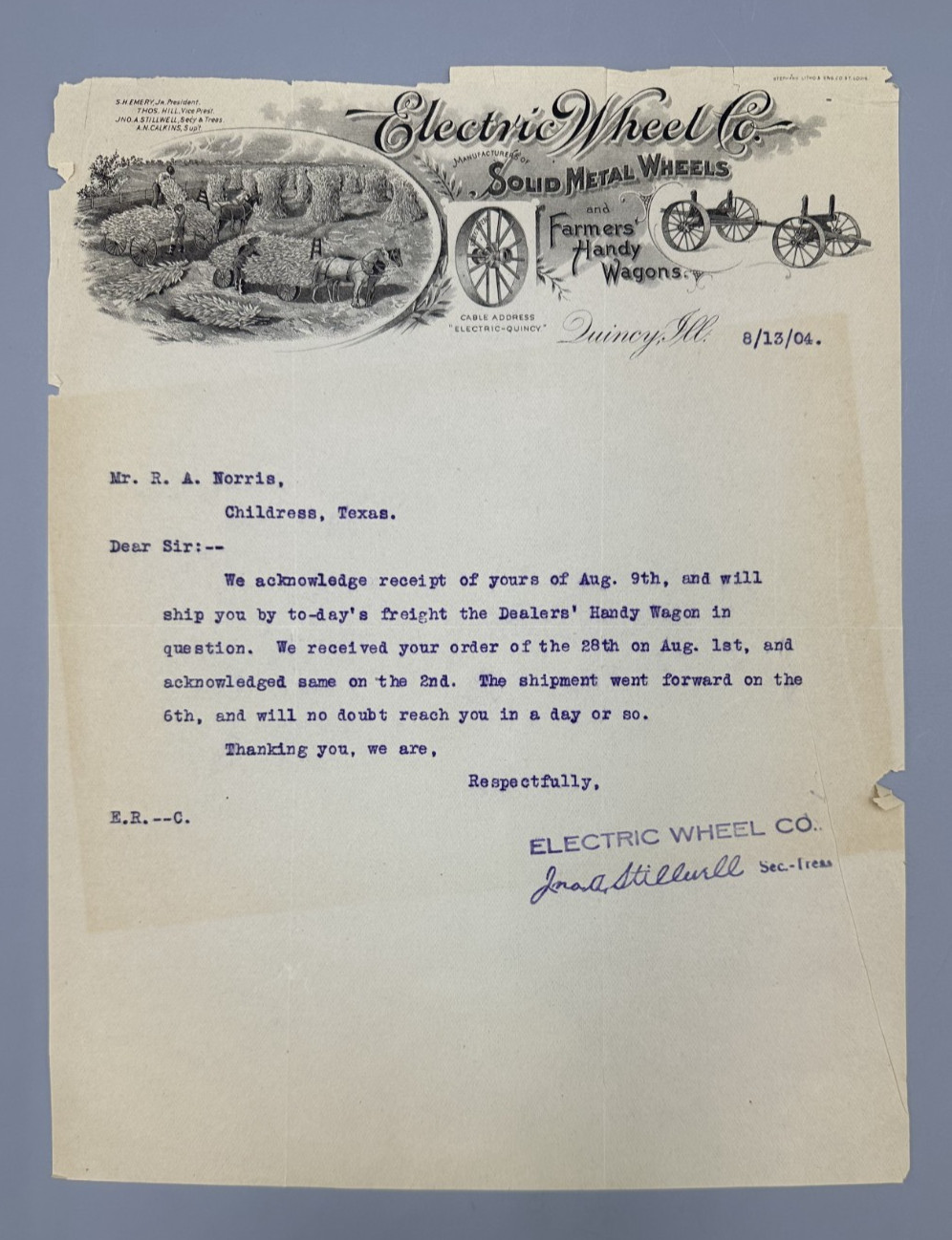 1904 ELECTRIC WHEEL Co FARM WAGONS Letter QUINCY Illinois Advertising