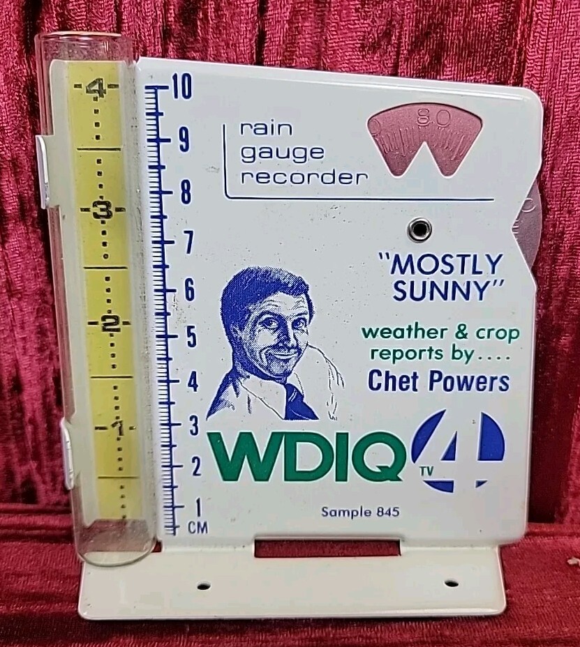 ADVERTISING RAIN GAUGE RECORDER WDIQ CHANNEL 4 CHET POWERS NEWS SUNNY WEATHER