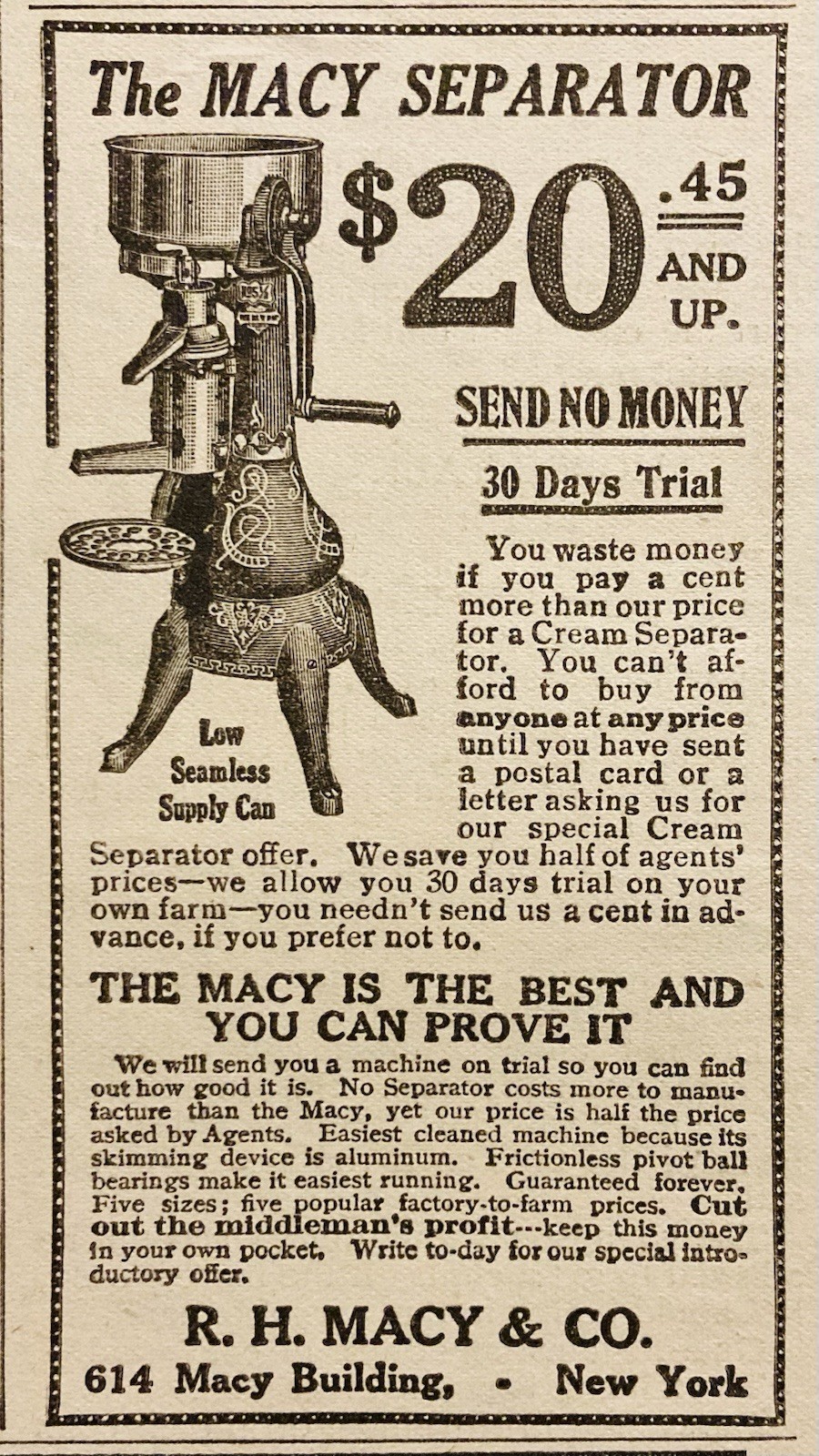 1911 AD.(PC9)~R.H. MACY CO. MACY BUILDING, NYC. MACY CREAM SEPARATOR