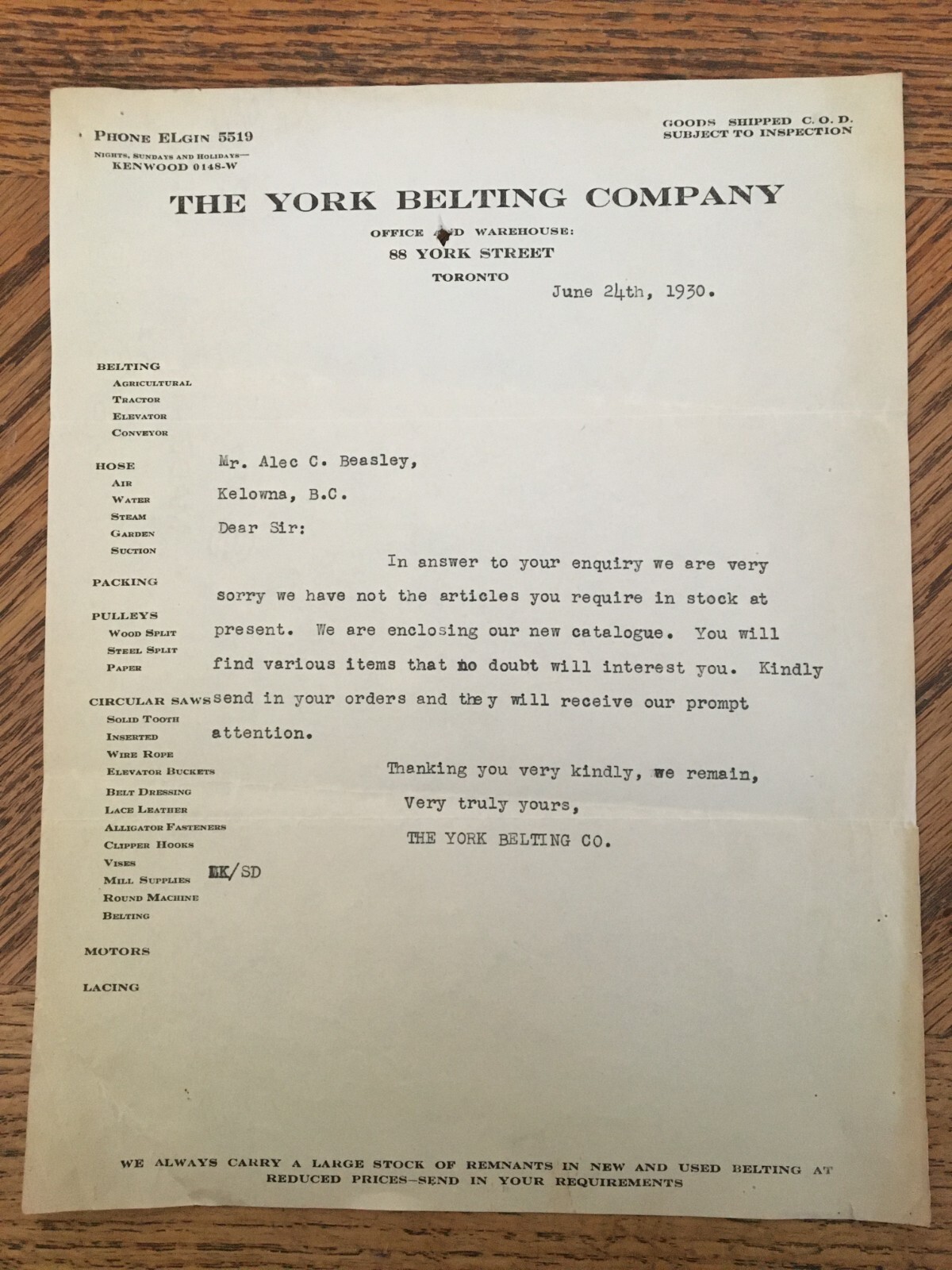 York Belting Co Toronto Receipt Letter Catalog 1930 Kelowna BC Cattle Ranch Farm