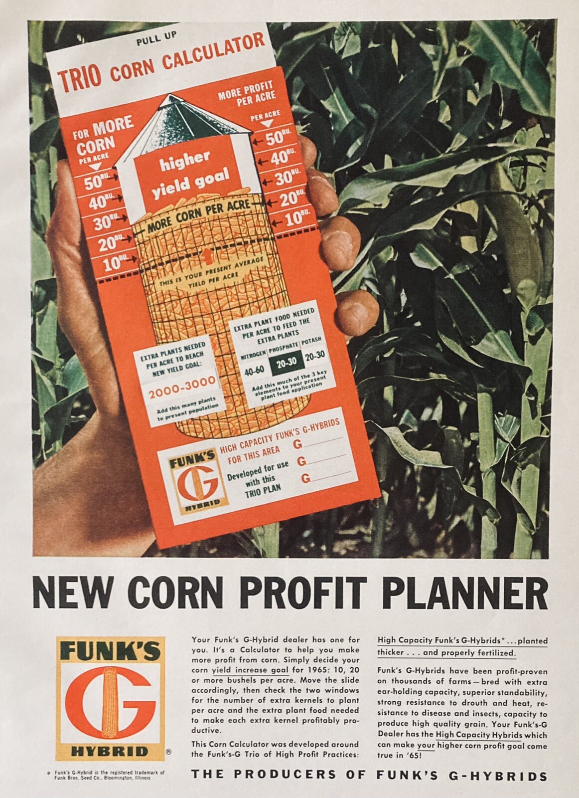 1965 AD.(XH27)~FUNK BROS. SEED CO. BLOOMINGTON, ILL. NEW CORN PROFIT PLANNER AD.