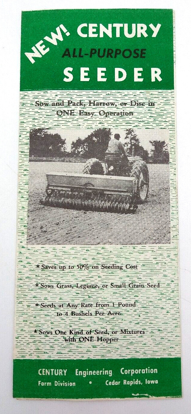 VTG 1960s CENTURY One Hopper All Purpose Seeder BROCHURE Cedar Rapids, IA