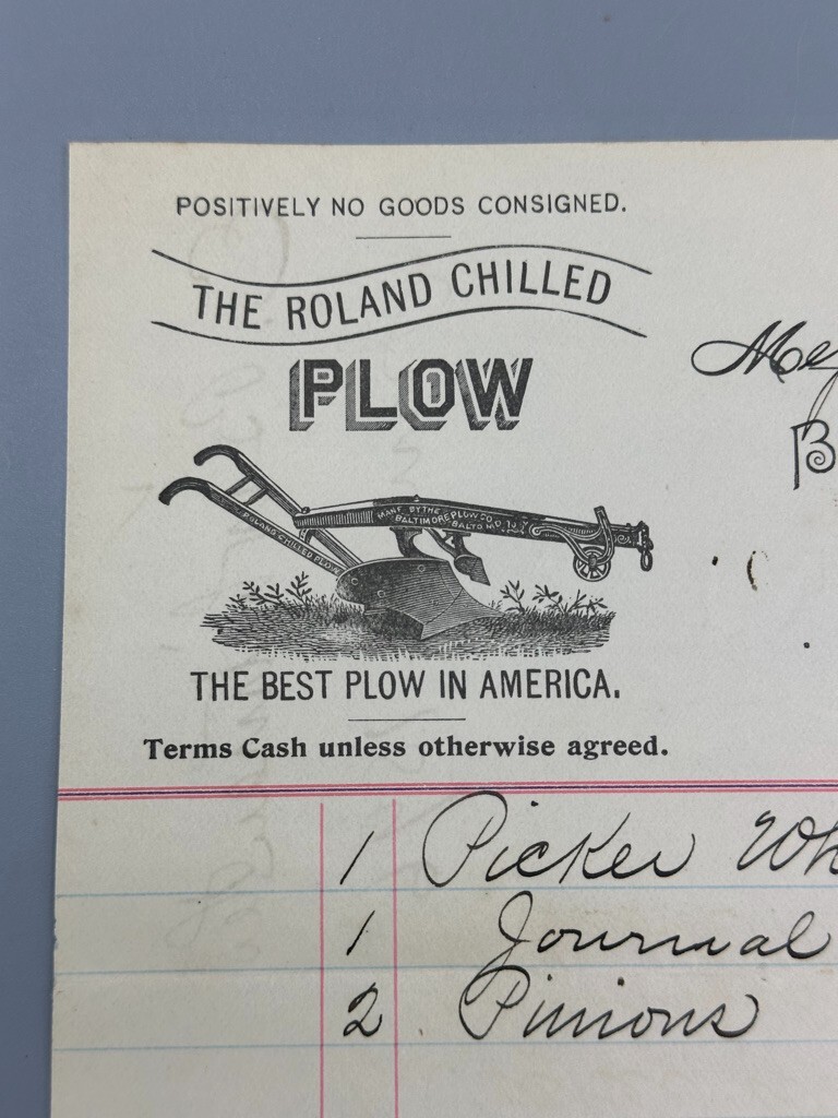 1896 ROLAND PLOW Illustrated WHITMAN MACHINERY Farm Advertising Billhead