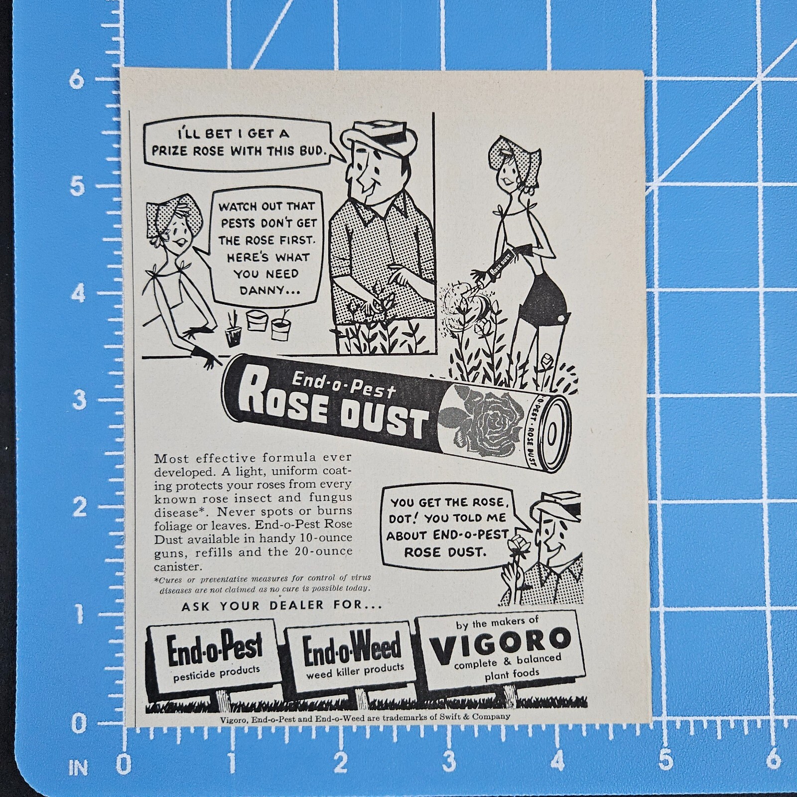 1957 End-O-Pest Rose Dust Pest Weed Vigoro Comic Vintage Print Ad Swift & Co