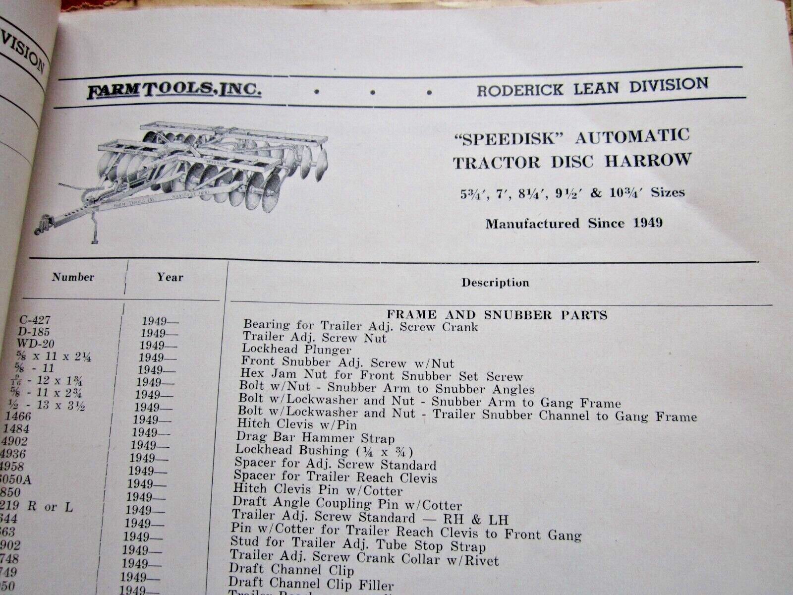 1952 FARM TOOLS, INC HORSE DRAWN FARM IMPLEMENTS 70+ PAGE PARTS CATALOG MANUAL