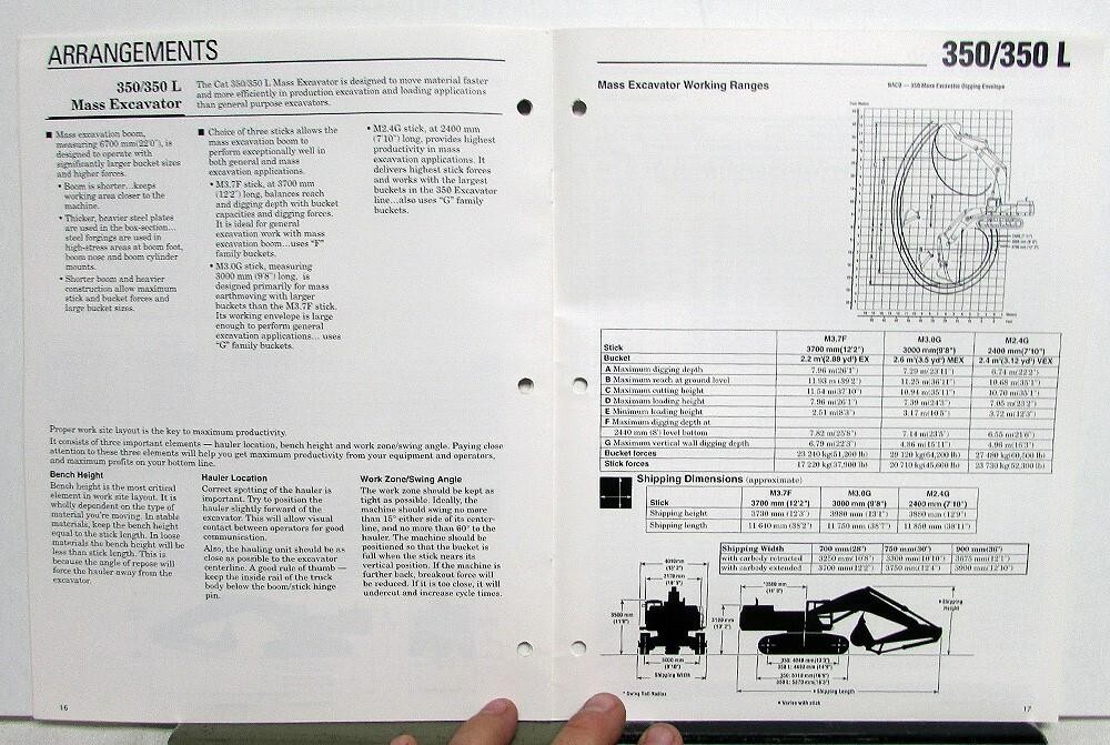 1995 Caterpillar 350 350L Excavator Specifications Construction Sales Brochure