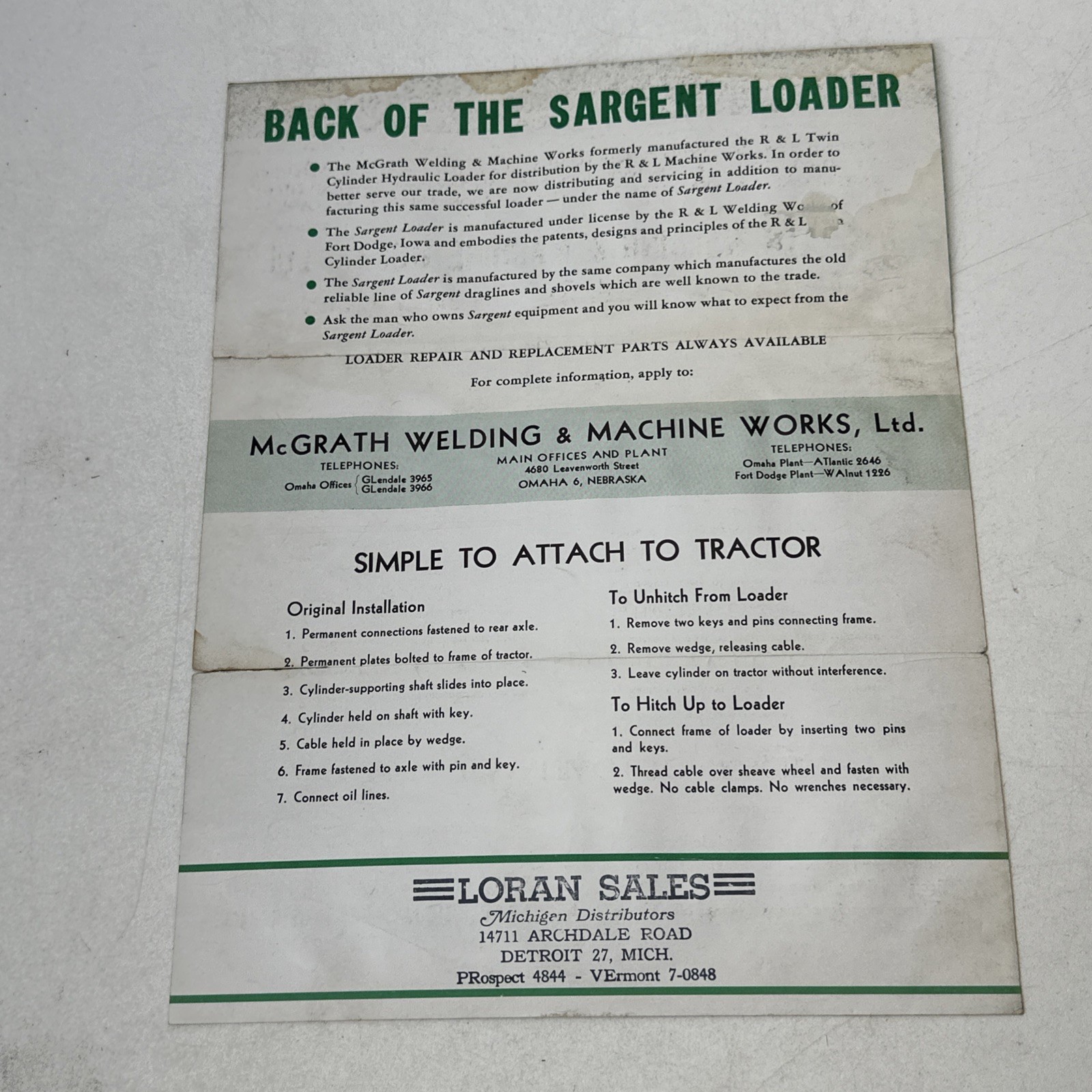 Sargent Hydraulic Twin Cylinder Loader McGrath Welding Omaha Nebraska Ad Paper