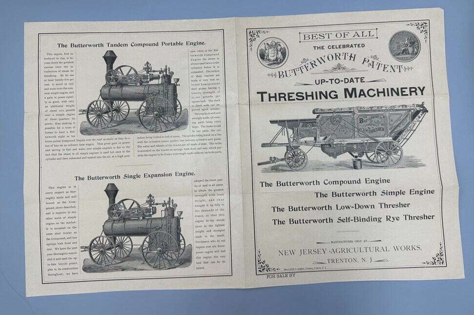 1890s BUTTERWORTH THRESHING MACHINE Farm ENGINE Advertising TRENTON NJ Antique