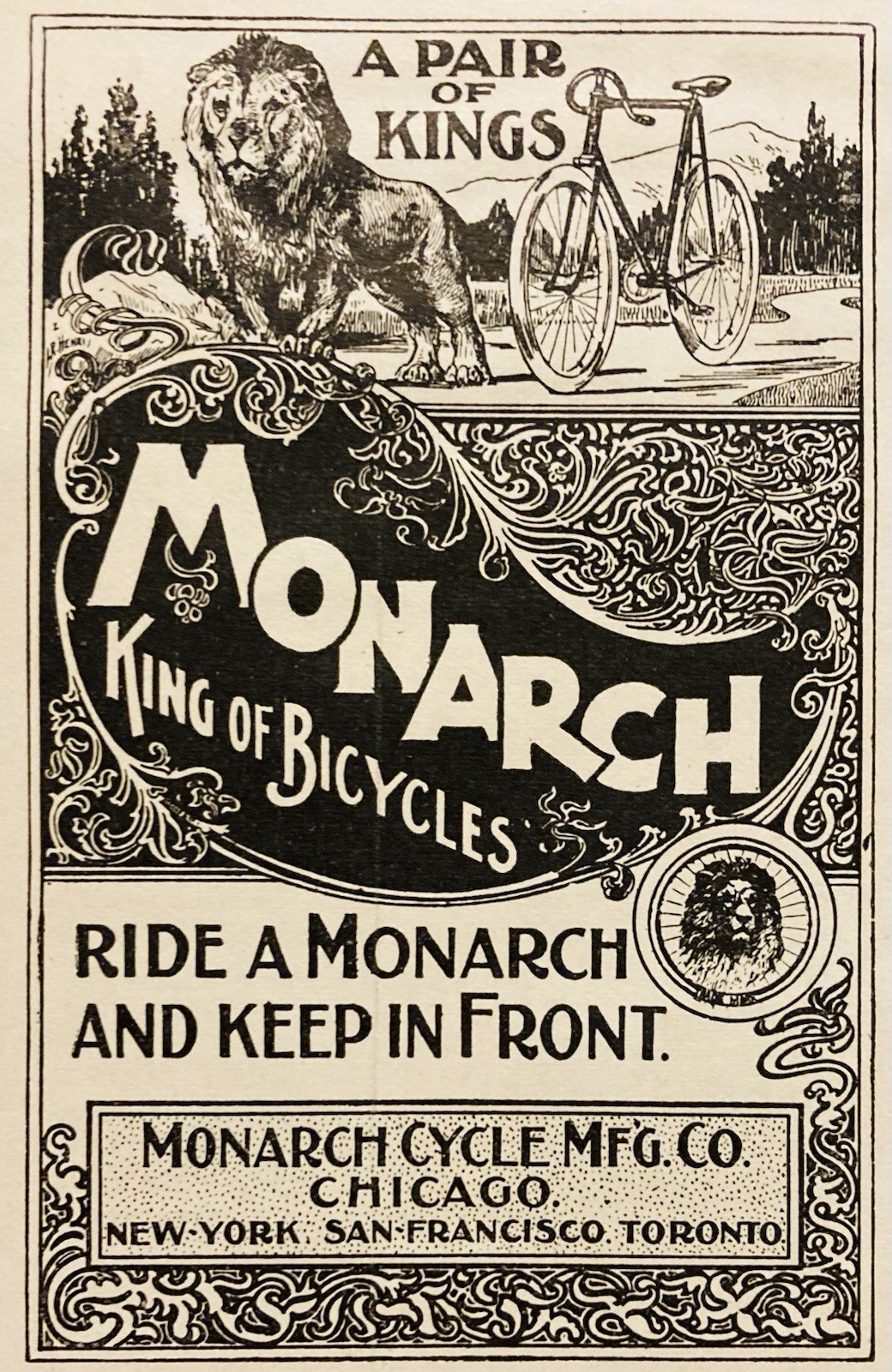1896 AD.(PC10)~MONARCH CYCLE MFG. CO. CHICAGO. MONARCH “KING OF BICYCLES”