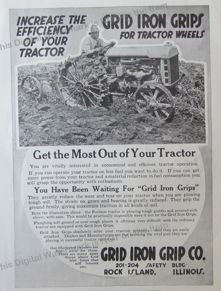 1919 Ad * Grid Iron Grips for Tractor Wheels Grid Iron Grip Co Rock Island IL
