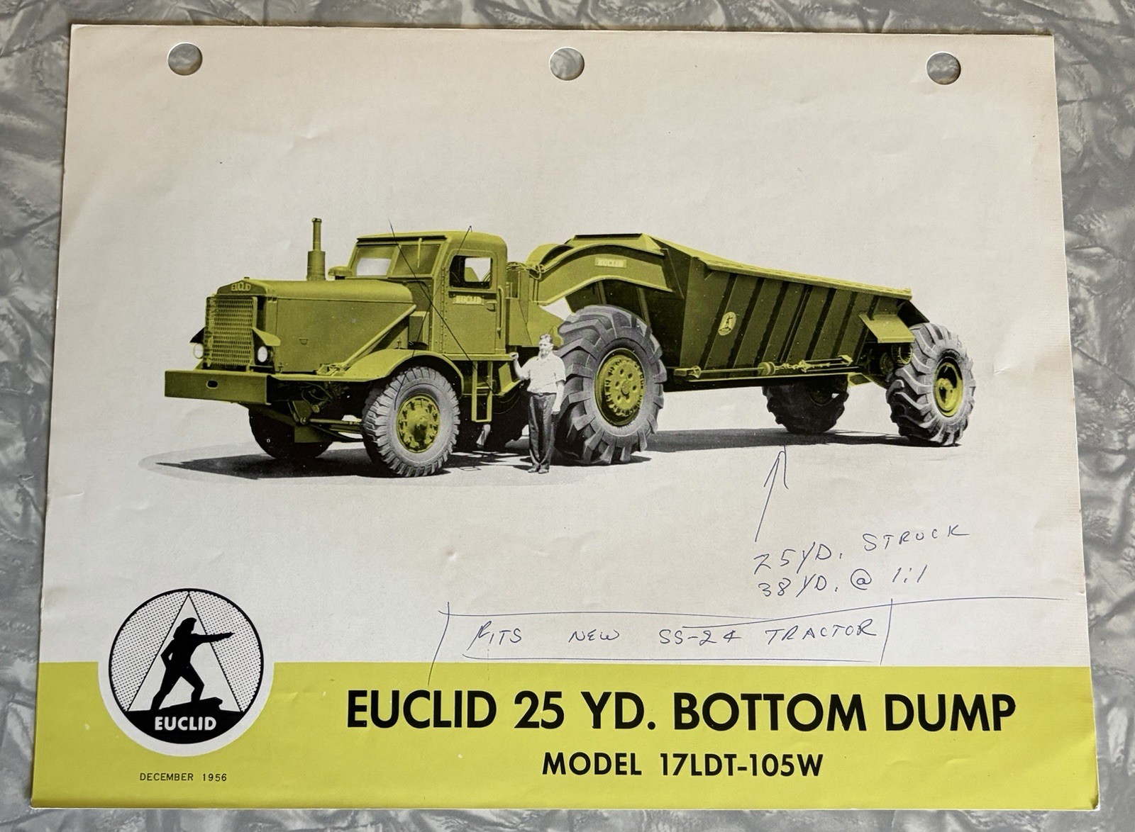 1956 EUCLID 25 YD BOTTOM DUMP 17LDT-105W TRUCK SALES BROCHURE 4 PG