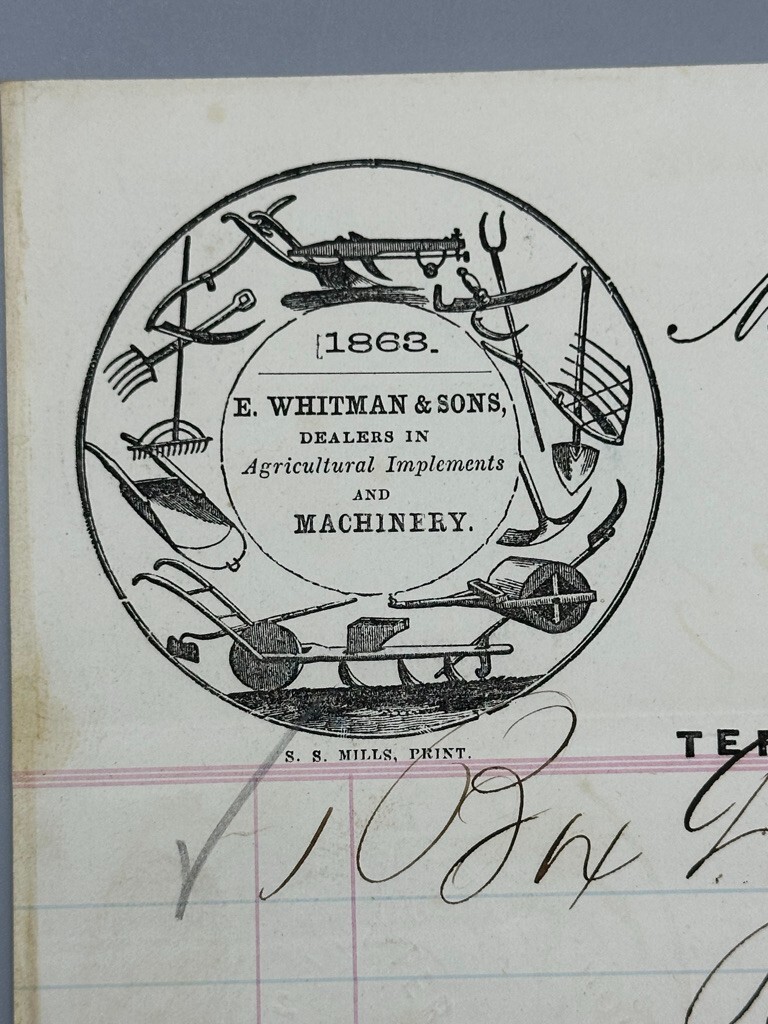 1863 WHITMAN Illustrated FARM MACHINERY ADVERTISING Billhead BALTIMORE