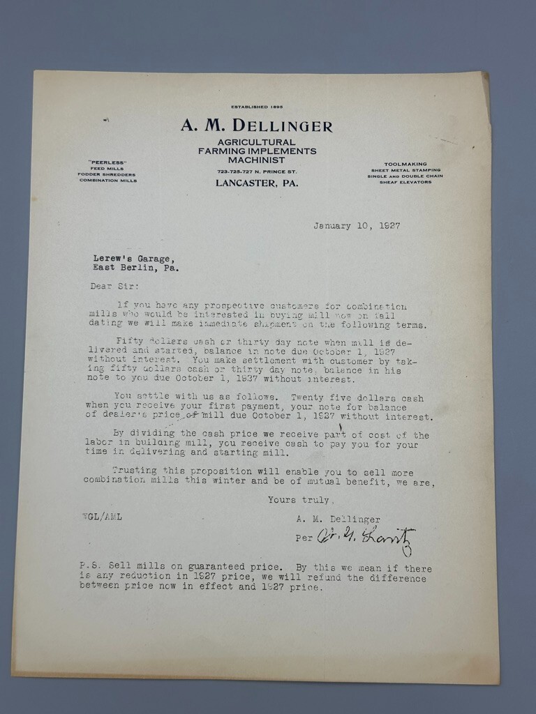 1927 LANCASTER PA Dellinger FARM IMPLEMENTS Agricultural Advertising Letters