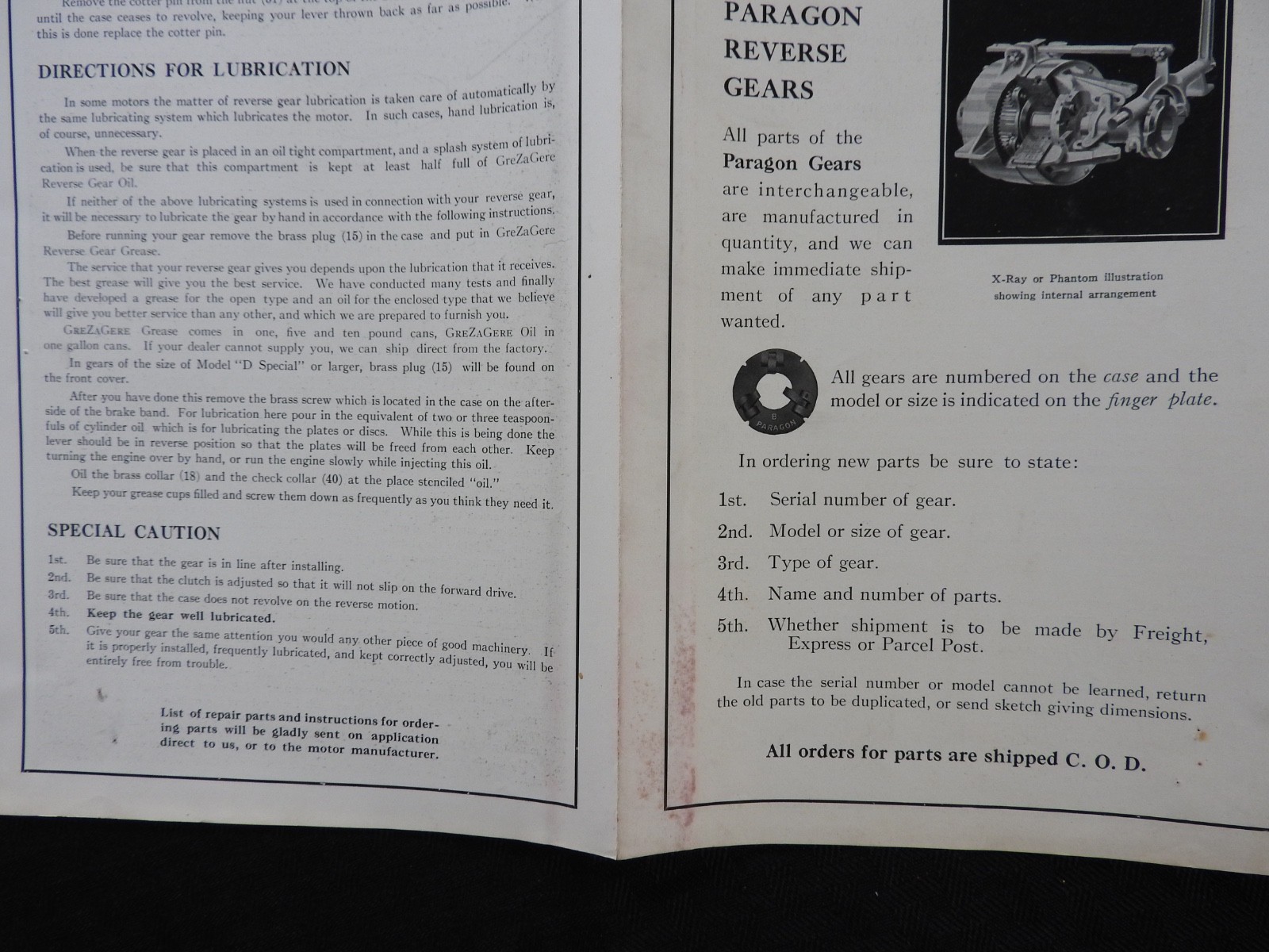 c.1913-1915 Paragon Gear Works « Reverse Gears » Installation Manual Taunton MA