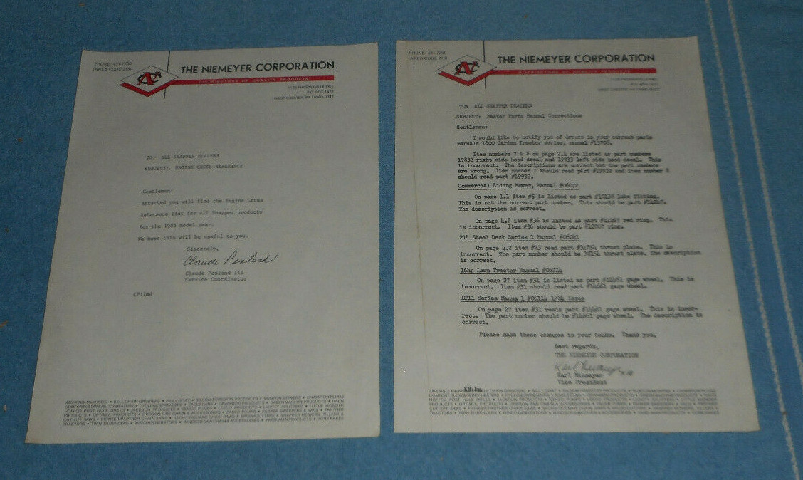 Pair of Vintage The Niemeyer Corporation Letters To Snapper Lawnmower Dealers PA
