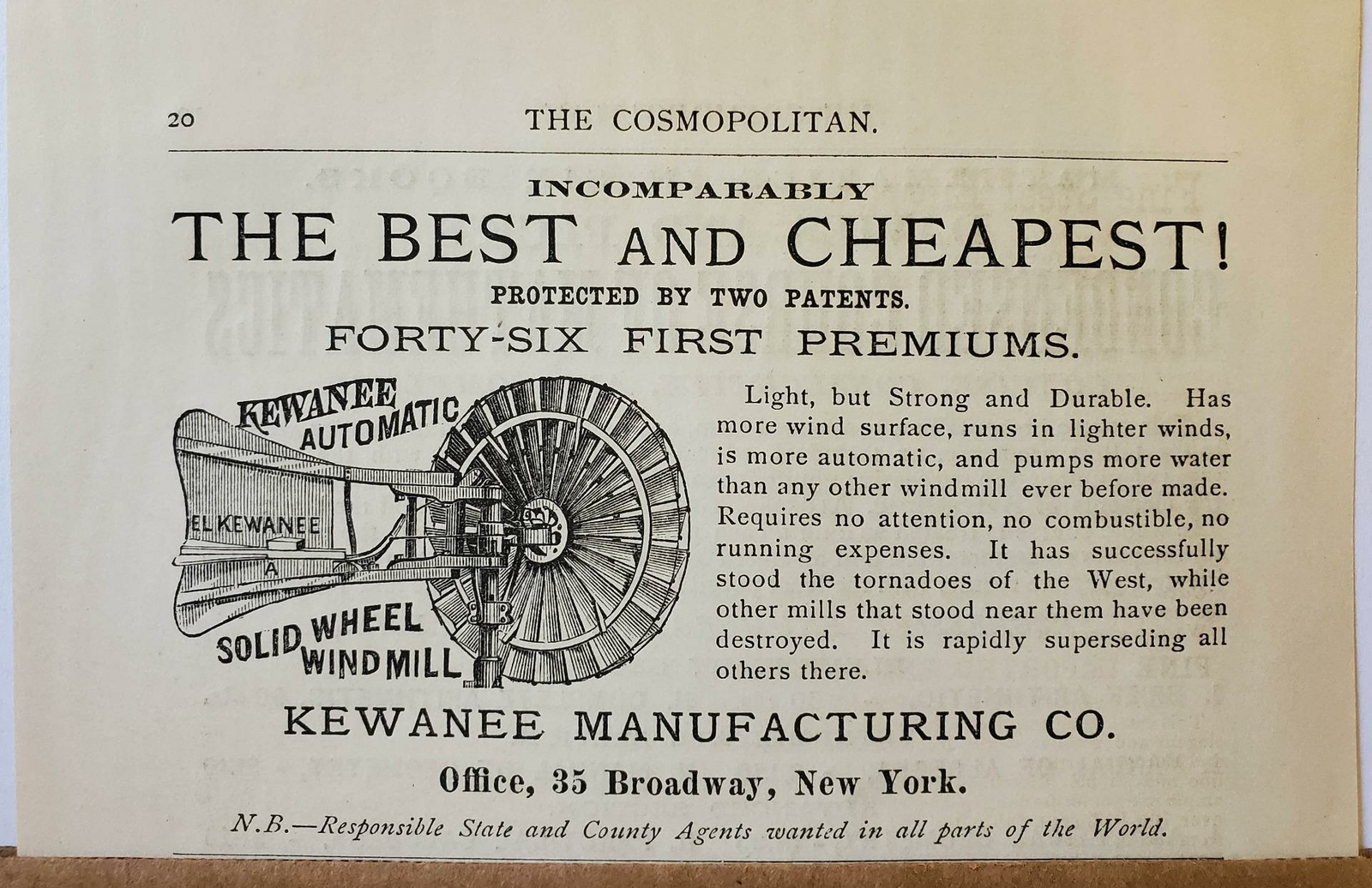 1877 Kewanee Manufacturing Windmill Water Pump Print Advertisement Antique