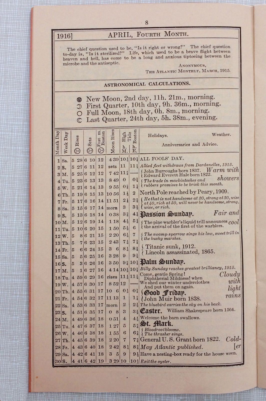 1916 THE ATLANTIC MONTHLY LITERARY ALMANAC, BOSTON MASSACHUSETTS