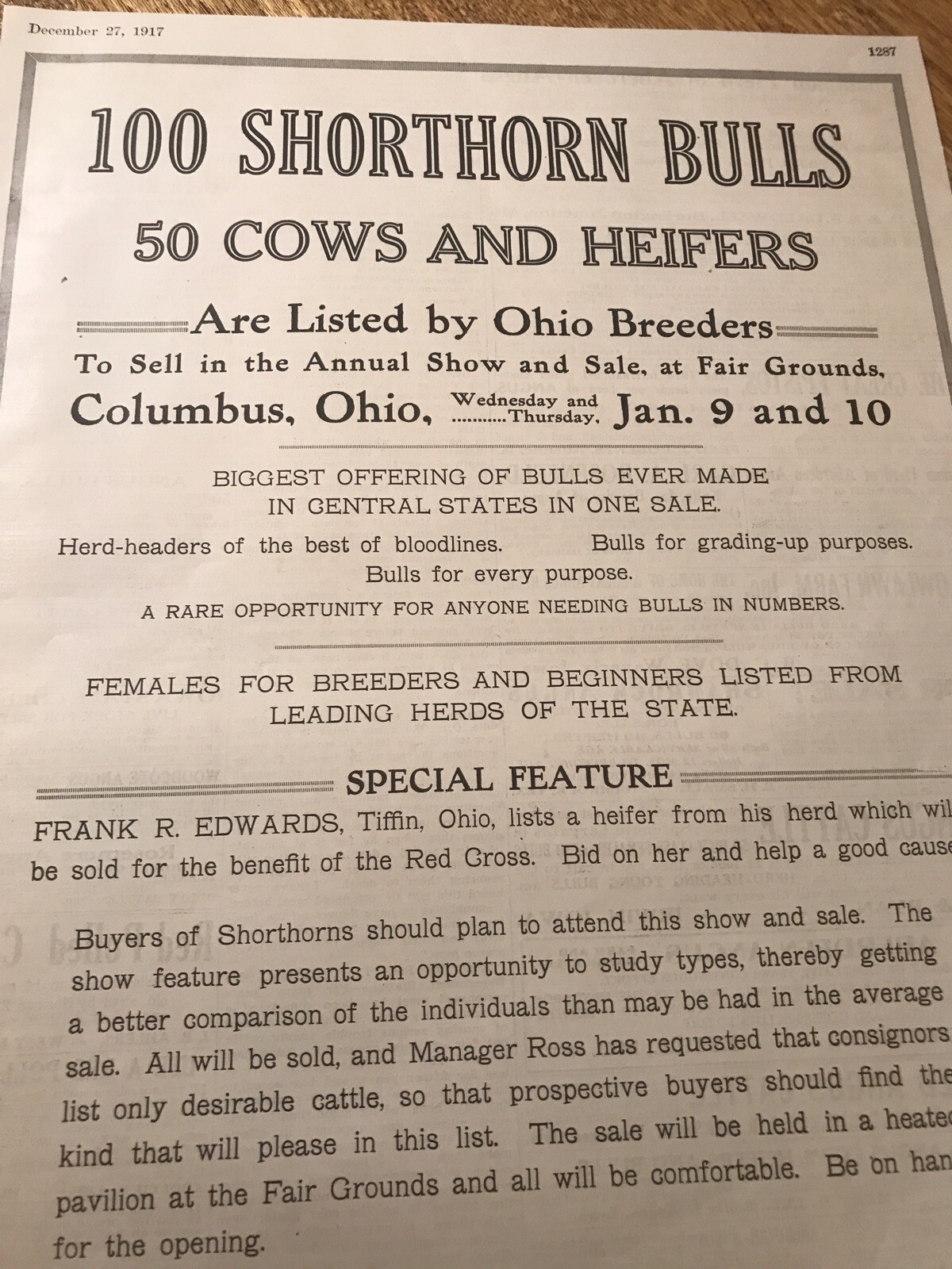 1917 Cattle Livestock Public Sale Poster – Columbus – Ohio – Cow Advertising
