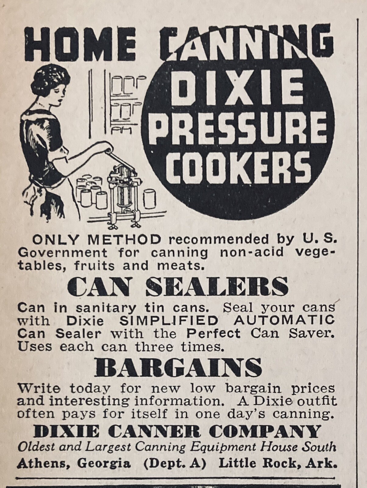 1937 AD.(XG8)~DIXIE CANNER CO. LITTLE ROCK, ARK. DIXIE HOME PRESSURE COOKERS