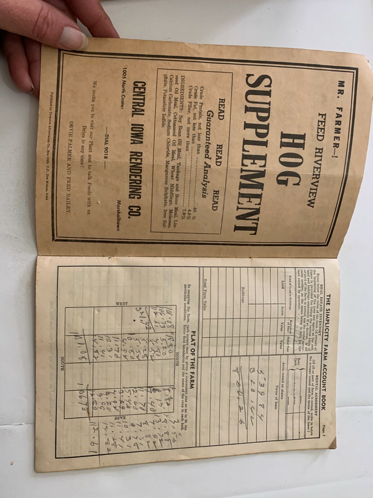 1948 Central Iowa Rendering Co. Marshalltown Iowa Farm Record Book