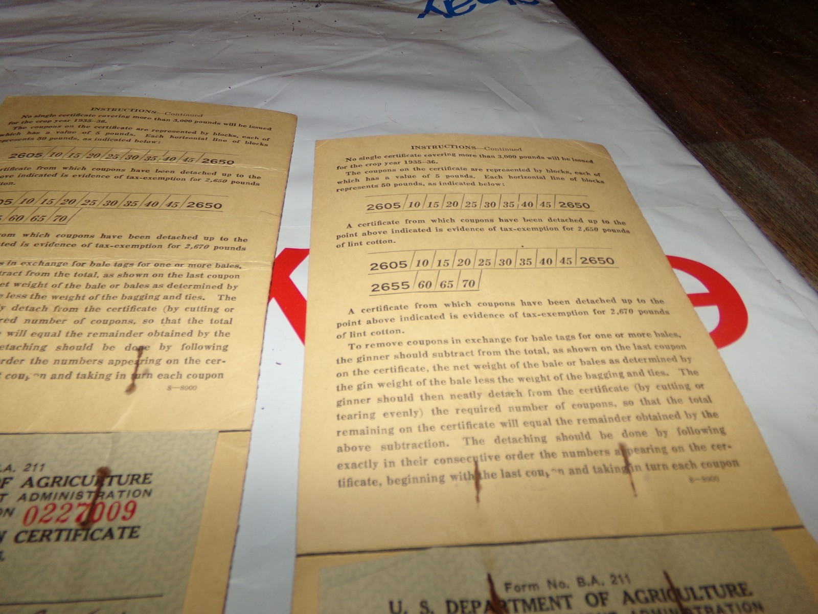 Lot 4 Vintage Agriculture Cotton taxes Exemption Certificates Bee County 1935/36