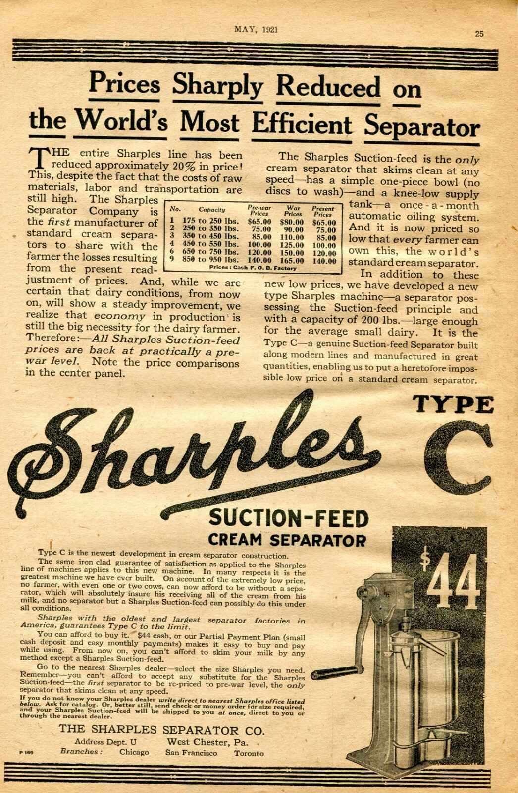 1921 Print Ad of Sharples Suction-Feed Type C Dairy Cream Separator