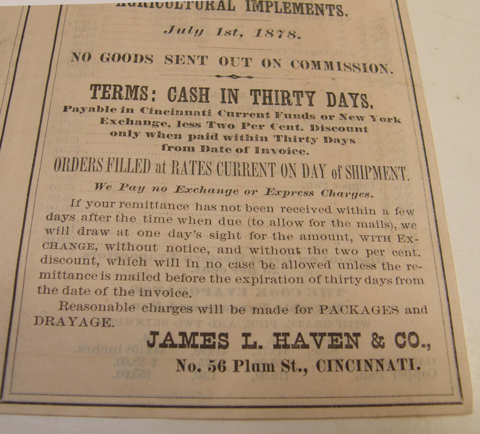 ANTIQUE 1878 AGRICULTURAL MACHINERY PRICE LIST JAMES HAVEN & CO CINCINNATI OH