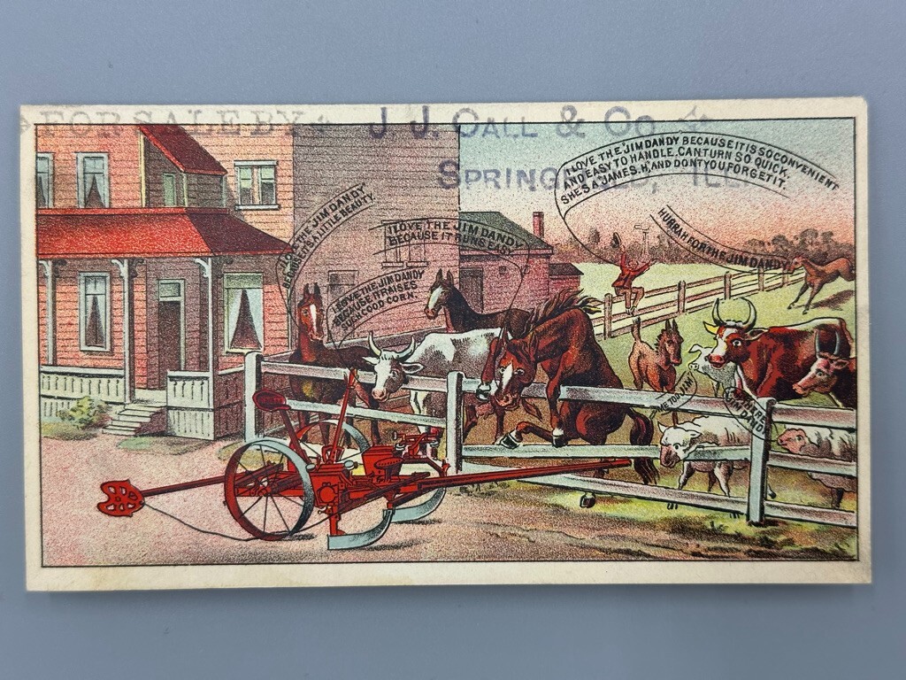 1880s JIM DANDY Tait FARM MACHINERY Advertising Folding Trade Card DECATUR Ill