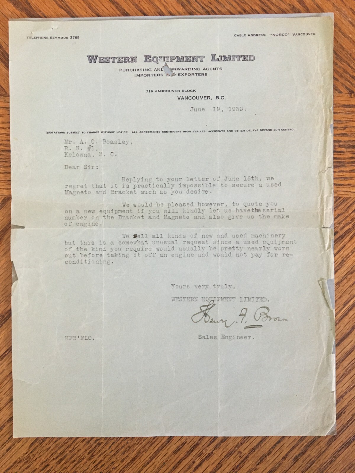 Western Equipment Engine Machinery Letter Receipt 1930 Kelowna BC Cattle Ranch
