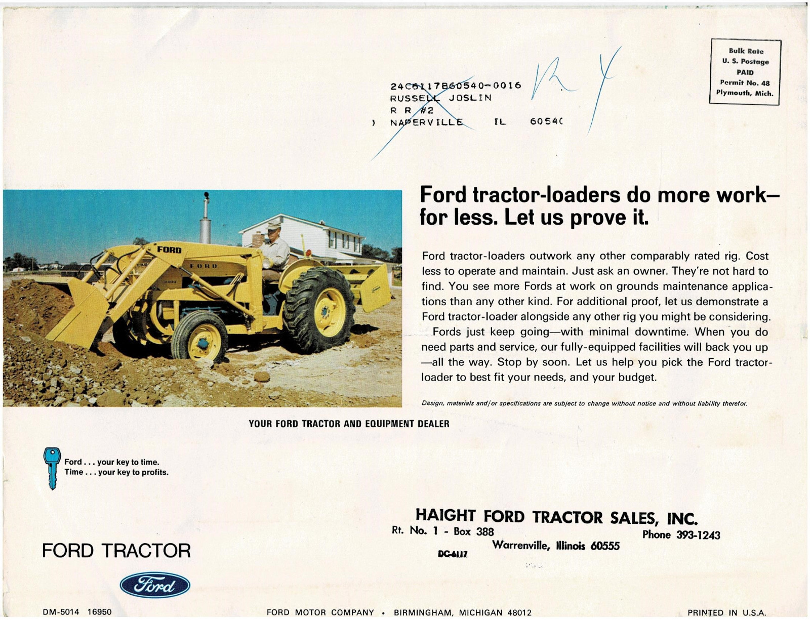 Vintage FORD TRACTOR-LOADER One Page Fold-Out Two-Sided BROCHURE Flyer Leaflet