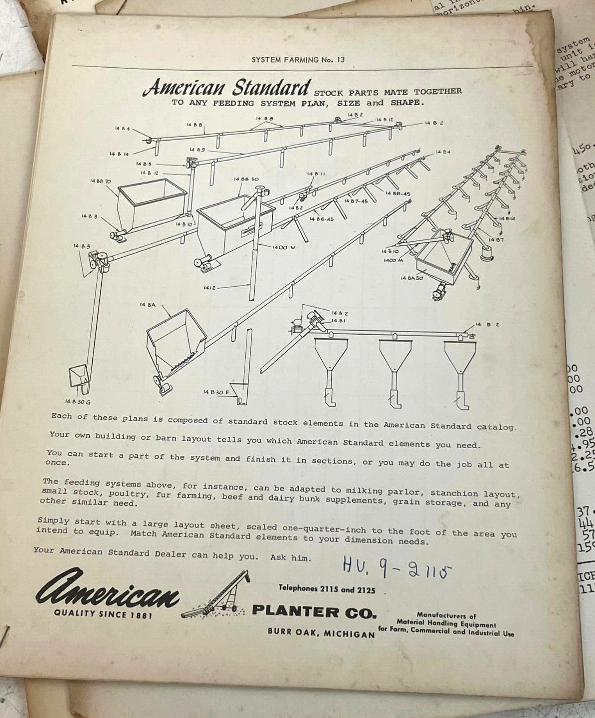 Vtg 1950s American Standard Planter Co Farm Bins Auger+ Diagram Brochure Bundle