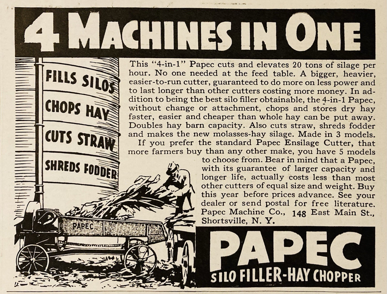1937 AD.(XH84)~PAPEC MACHINE CO. SHORTSVILLE, NY. PAPEC SILO FILLER-HAY CHOPPER