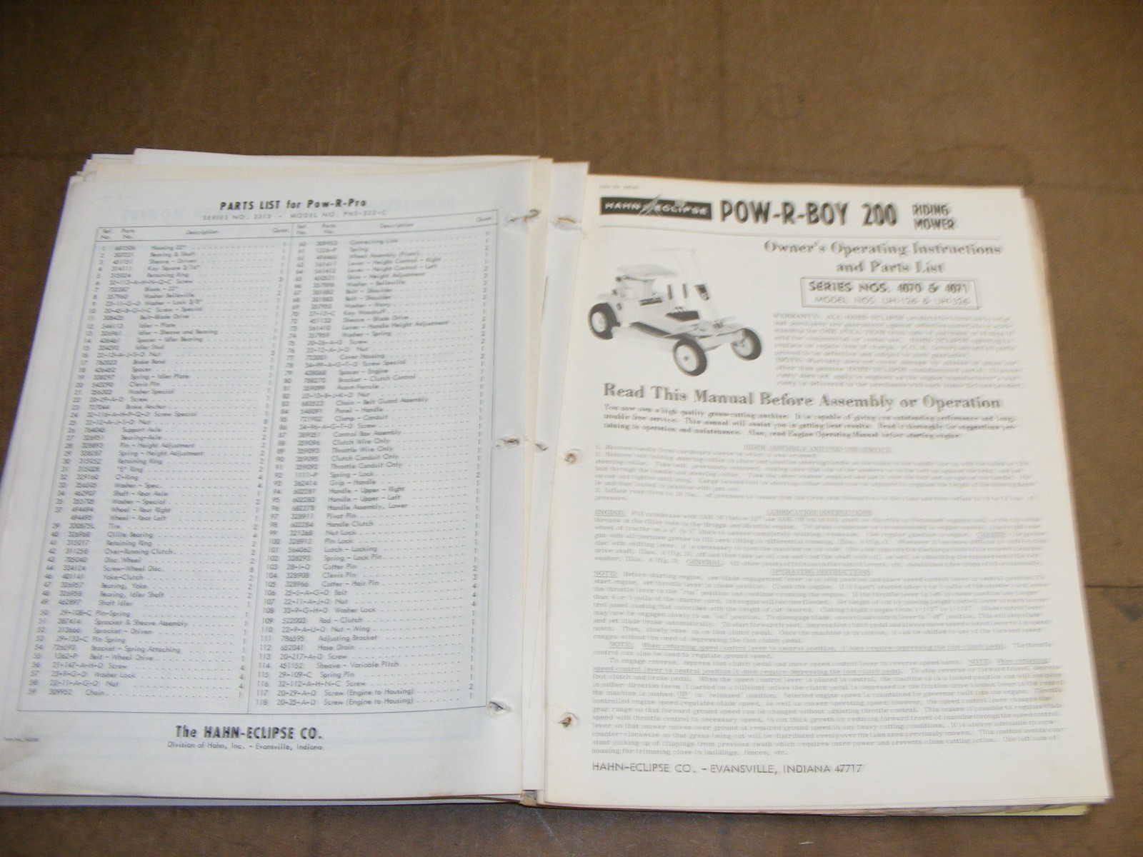 1960s Hahn Eclipse Mower Master Parts Catalog Maintenance Manual