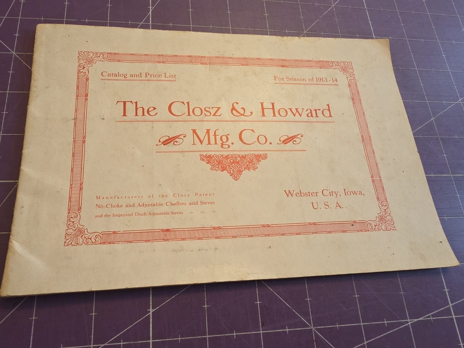 1913/1914 Closz & Howard Manufacturing Threashing Machine Parts Catalog
