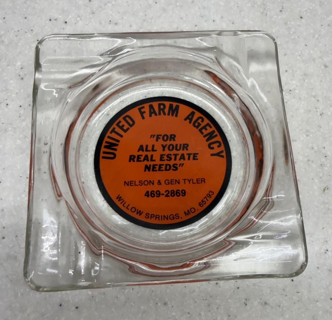 Vintage United Farm Agency Advertising Ashtray 1950s Willow Springs, Missouri