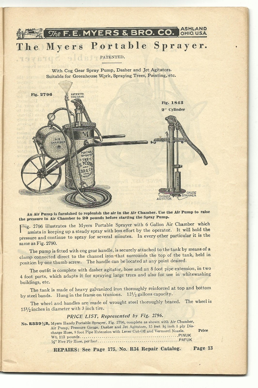 1934 Catalog FE Myers Hand & Power Spray Pumps Ashland OH Farm Power Washer