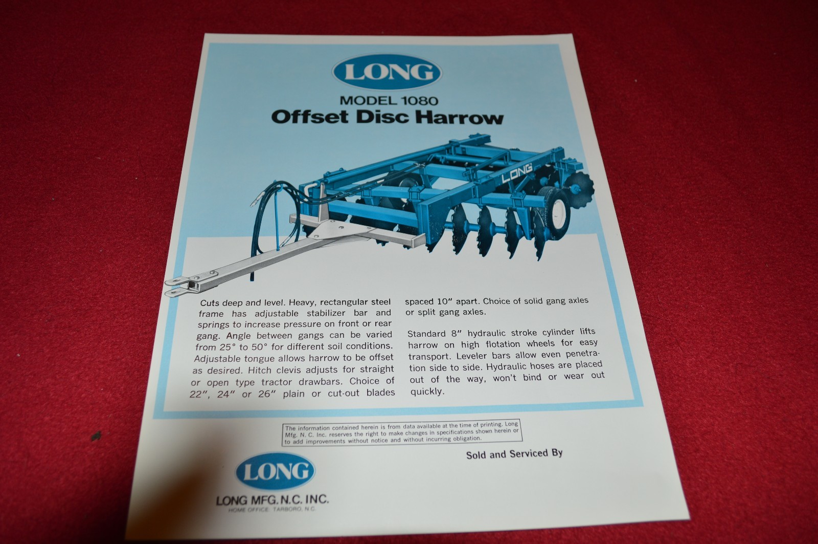 Long Tractor 1080 Offset Disc Harrow Dealers Brochure 1364 LCOH