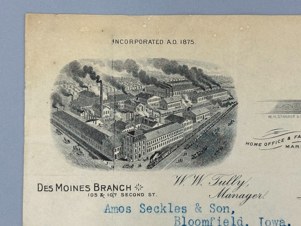 1895 HUBER THRESHERS ENGINES Farm Machinery Advertising Letterhead DES MOINES IA