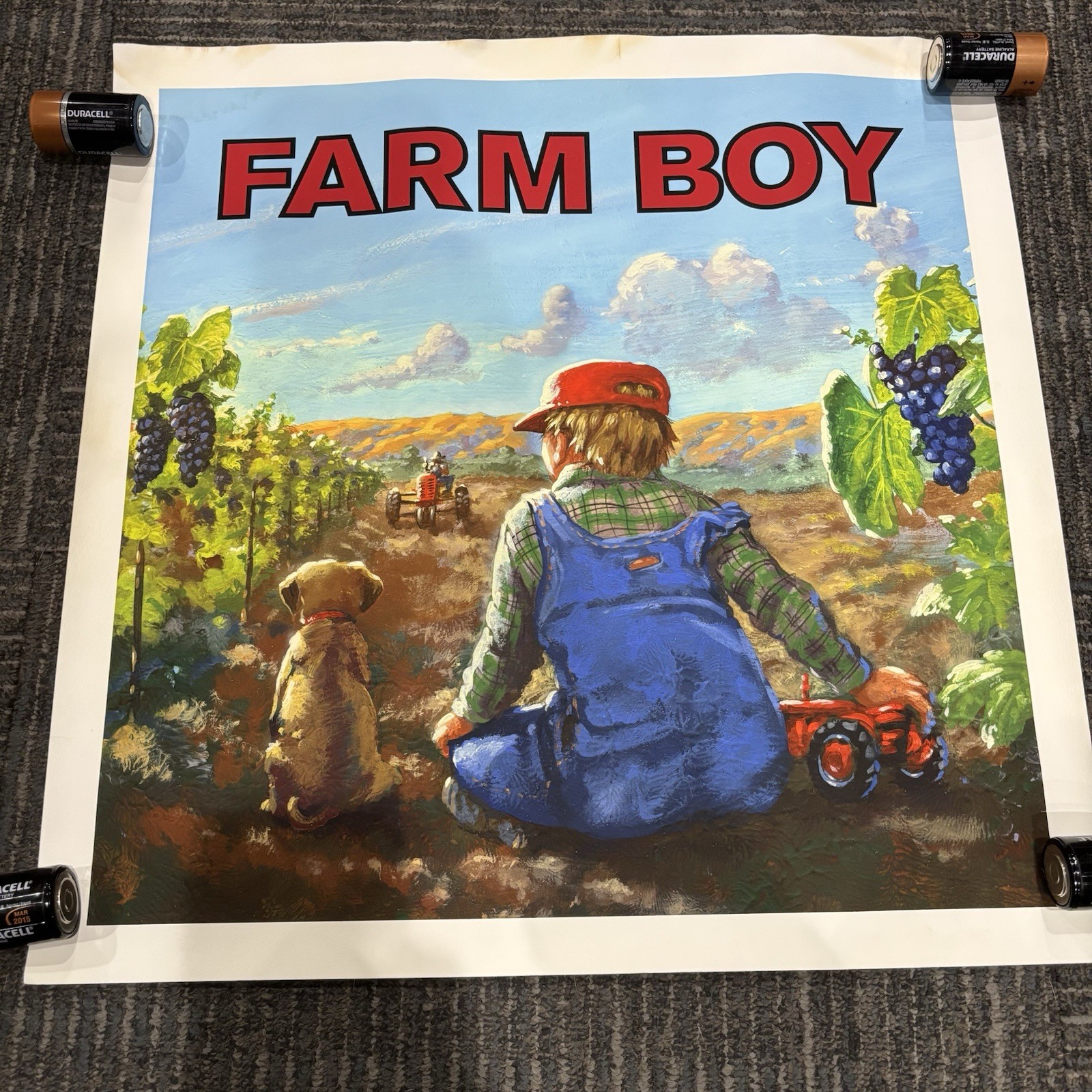 Vivid Farm Boy Vineyard Advertising Poster Coveralls Tractors Dog Screen Print?