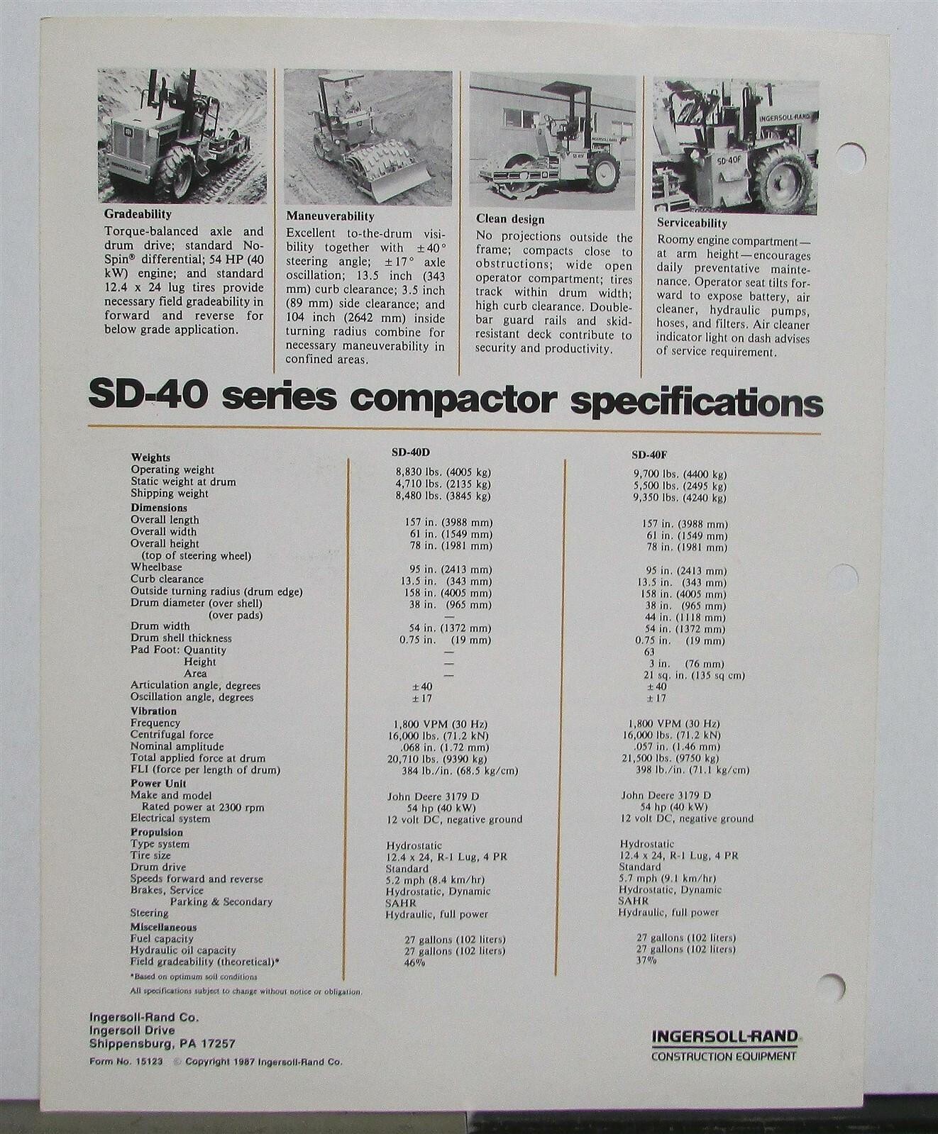 1987 Ingersoll Rand SD 40D/40F Soil Compactors Specs Construction Brochure