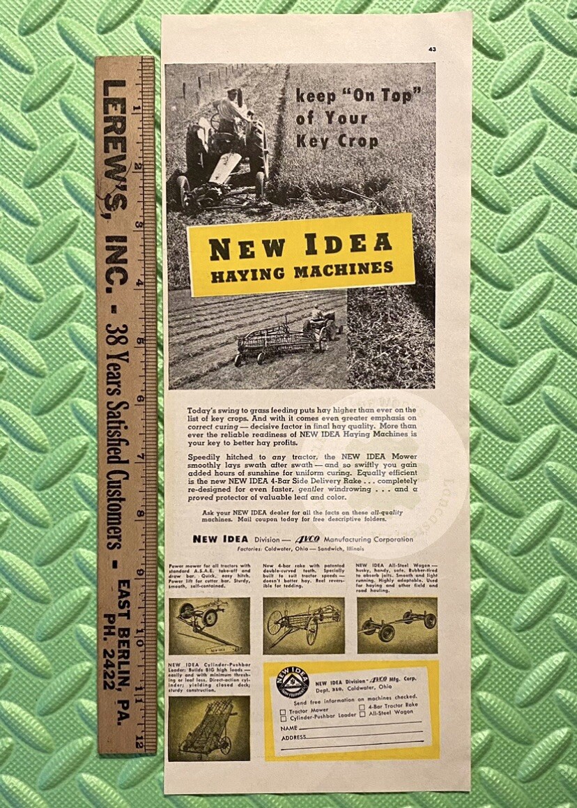 Original 1947 NEW IDEA Farm Equipment Print Ad Lot. 13.5 x 10.5 in. Tractors