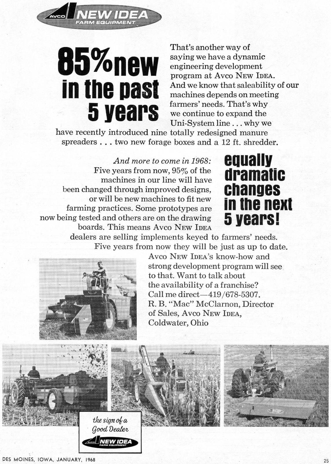 1968 Dealer Print Ad of Avco New Idea Uni-System Spreader Tractor Implements