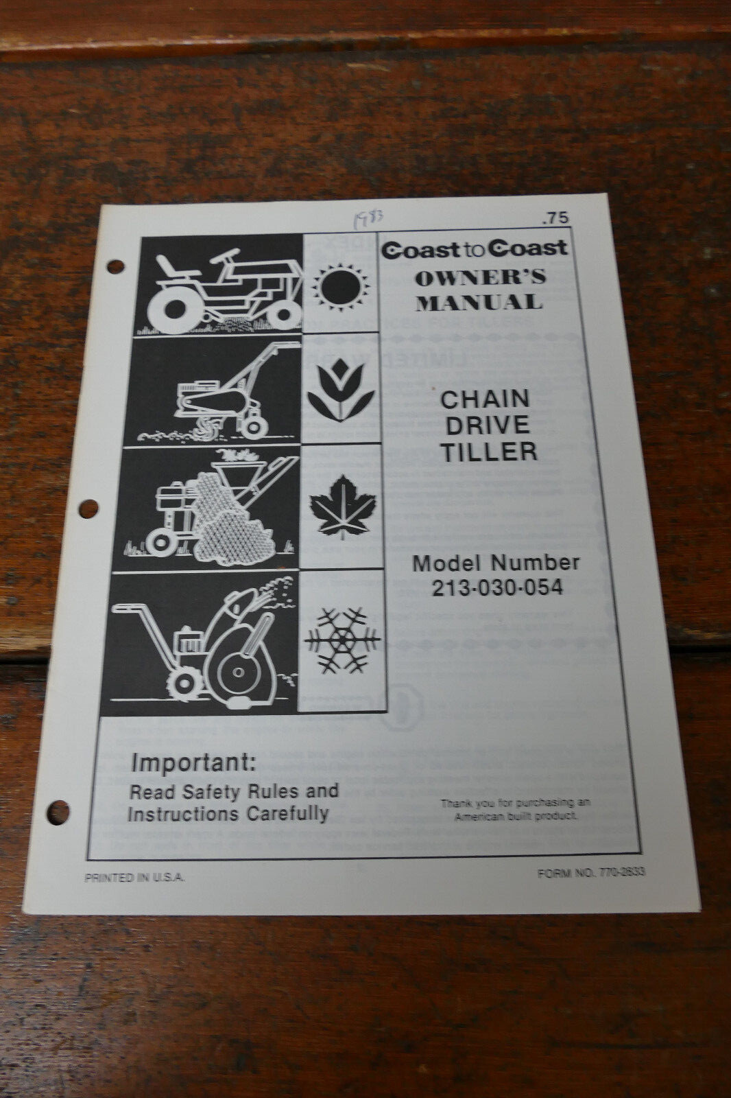 1983 Coast to Coast Owner&rsquo;s Manual Chain Drive Garden Tiller Model 213-030-054