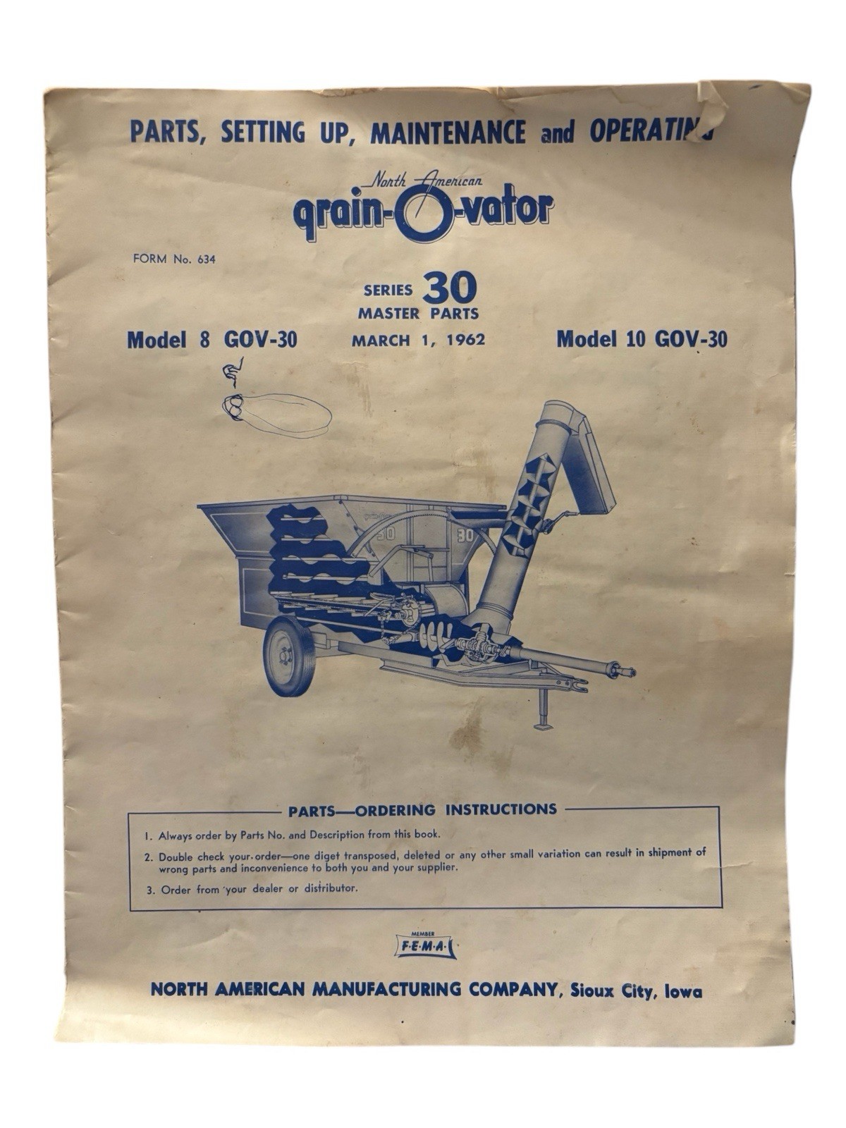 VINTAGE NORTH AMERICAN GRAIN O VATOR SERIES 30 Models 8 And 10 Manual